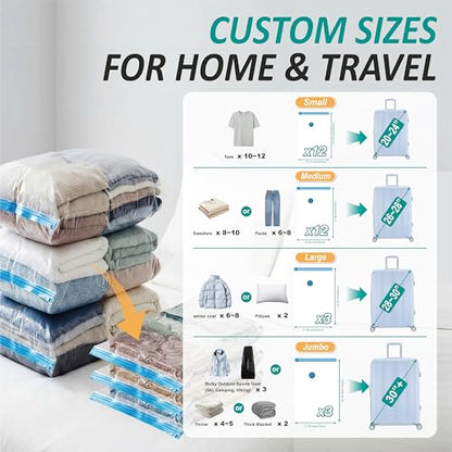Travel Vacuum Storage Bags with Rechargeable Cordless USB Pump, 30 Combo