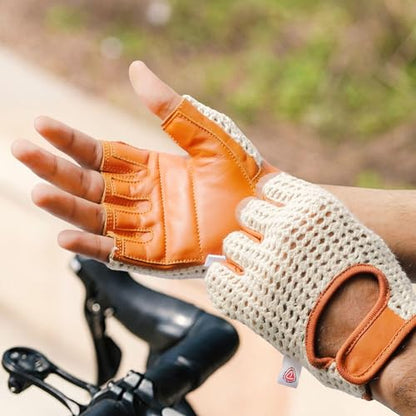 Real Soft Leather Crochet Net Fingerless Driving Weight Training Cycling Wheelchair Gloves W-1037 - color: Tan/White 049, size: XX-Large