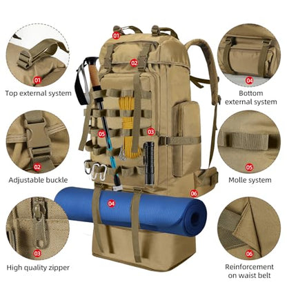 70L/100L Camping Hiking Backpack with Rain Cover, Expandable Large Military Tactical Backpack, Waterproof Molle Racksack Travel Backpacking Daypack for Climbing Trekking (Khaki) - color: Khaki