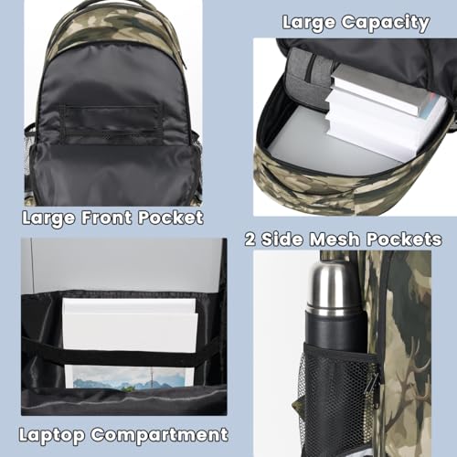 Camouflage Deers Backpack with Chest Strap Reflective Lightweight Travel Hiking Backpack for Men Women Waterproof Daypack Back Pack for Commute Camping