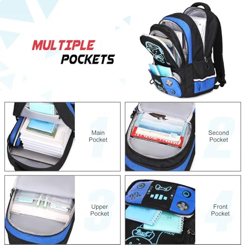 Bevalsa Backpack for School Boys,Cool Luminous Gamer Boys Backpacks with Wired Headphones Lunch Box Pencil Case,Kids Schoolbag for Teens Kindergarten Elementary School(Blue Backpack with Headphones) - color: Blue, style: Backpack With Headphones