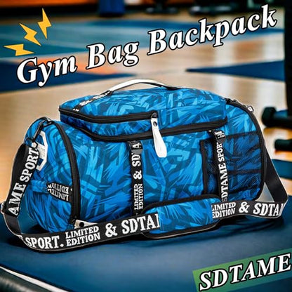 Gym Duffle Bag Backpack with Shoe Compartment,4 ways Travel Backpack for Women and Men,Multi-Functional Weekender bag with Waterproof Layer&Laptop Compartment for Fitness, Travel,Camping - color: Blue