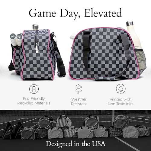 Pik’le’Ball Sport Premium Women's Pickleball Bag – Stylish and Versatile Sports Bag with Water Bottle Holder, Padded Paddle Pocket, and Spacious Design (fits 2+ Paddles!) - color: Checkered Chic Black