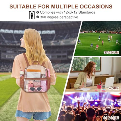 Oraben Clear Backpack Stadium Approved, 12 x 6 x 11 in, Small Transparent Backpack for Concerts, Sports Events, Festivals, Travel, Waterproof PVC, Adjustable Straps, Women Men - color: Coffee Brown, style: Nylon Shoulder Straps