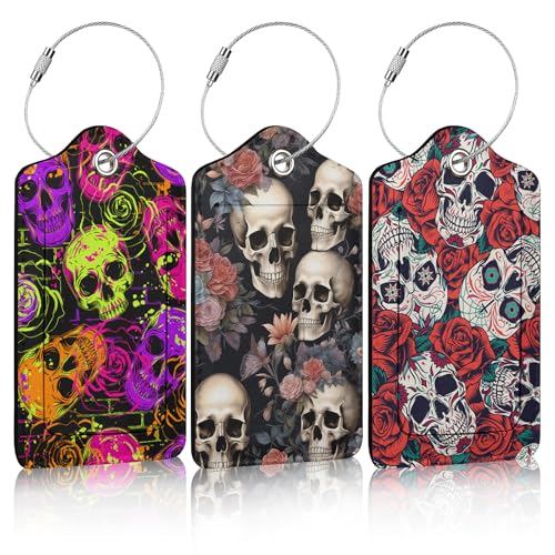 3 Pack Skull Flowers Luggage Tags for Suitcase PU Leather Travel Luggage Tag Privacy Cover ID Label for Women Men Baggage Backpack Handbag School Bag - color: Skull Flowers
