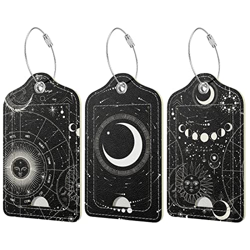 Rimilak 3 Pcs PU Leather Luggage Tags for Suitcase, Travel Cruise Luggage Tag with Privacy Flap, Name ID Label and Metal Loop for Women Men Baggage Handbag School Bag Backpack, Sun Moon - color: Sun Moon