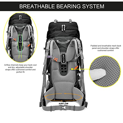 MOUNTAINTOP 80L Internal Frame Backpack for Man & Women Backpacking Hiking Backpack with Rain Cover - color: Black-80l