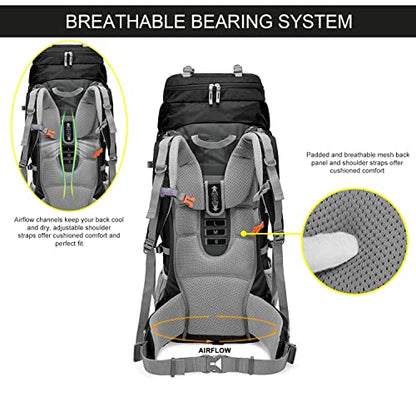 MOUNTAINTOP 80L Internal Frame Backpack for Man & Women Backpacking Hiking Backpack with Rain Cover - color: Black-80l