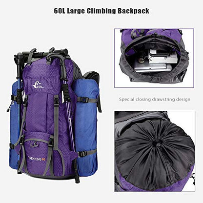 Bseash 60L Waterproof Hiking Camping Backpack with Rain Cover, Large Outdoor Sport Travel Daypack Rucksack for Climbing - color: Purple