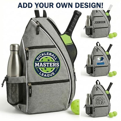 Personalized Pickleball Bag - Custom Paddle Backpack with Name or Logo, Crossbody Reversible Sling for Men & Women with Fence Hook and Water Bottle Holder - color: Gray