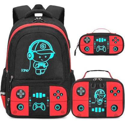 Bevalsa Backpack for School Boys, Cool Luminous Gamer Boys Schoolbag with Lunch Box & Pencil Case Set for Kids Teens Elementary Middle School, Bookbag Glow In The Dark(Red Backpack) - color: Red, style: Backpack