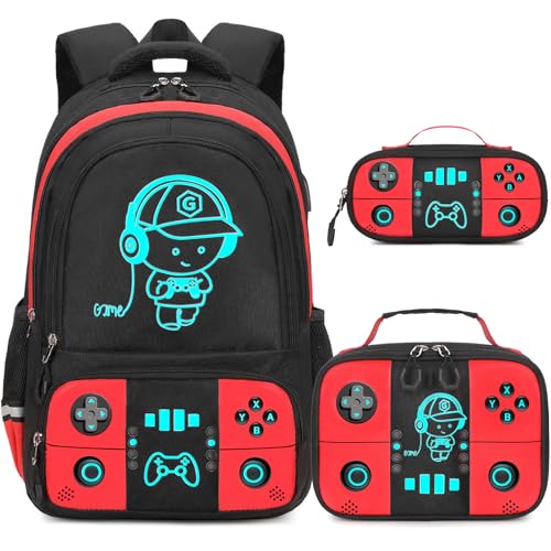 Bevalsa Backpack for School Boys, Cool Luminous Gamer Boys Schoolbag with Lunch Box & Pencil Case Set for Kids Teens Elementary Middle School, Bookbag Glow In The Dark(Red Backpack) - color: Red, style: Backpack