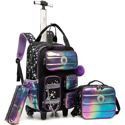 Rolling Backpack with Wheels for Girls Rolling Backpack with Lunch Bag and Pencil Case Set Kids Travel Luggage for Elementary School Girls Ages 5-12 - color: A Black