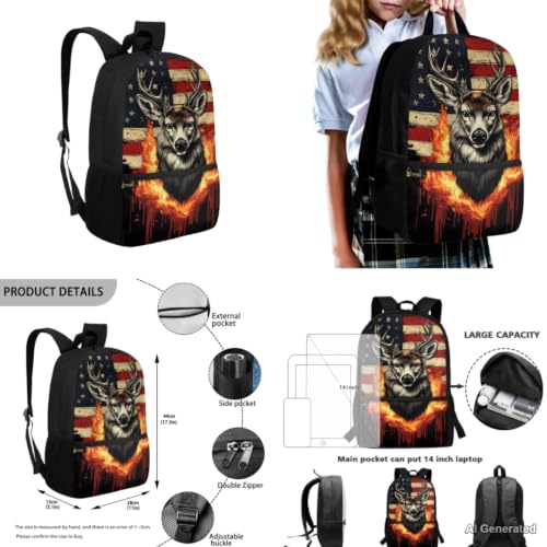 American Flag Deer Backpack for Boys Kids Backpack with Lunch Box Water Bottle Carrier Pencil Pouch 4 in 1 Elementary School Backpacks for Boys Bookbag with Handle Back to School Supplies - color: American Flag Deer