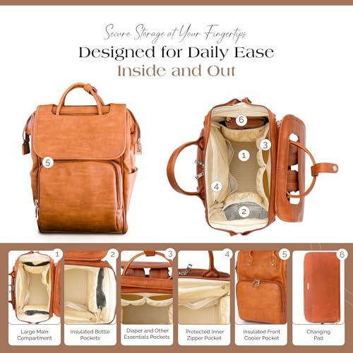 Citi Collective Explorer Brown Diaper Bag Backpack - Vegan Leather Diaper Bag with Shoulder Strap, Insulated Bottle Pockets, Changing Pad, Stroller Clip- Versatile Diaper Bag for Baby - color: Brown