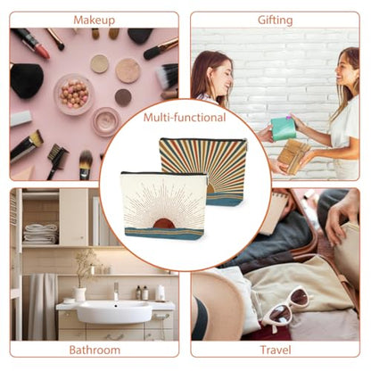 2PCS Boho Makeup Bag, Boho Gifts for Women, Sunlight Rays Natural Linen Zipper Pouch Best Gifts for Girls Sister Travel Sunshine Cosmetic Bag - color: Multicolor 0083