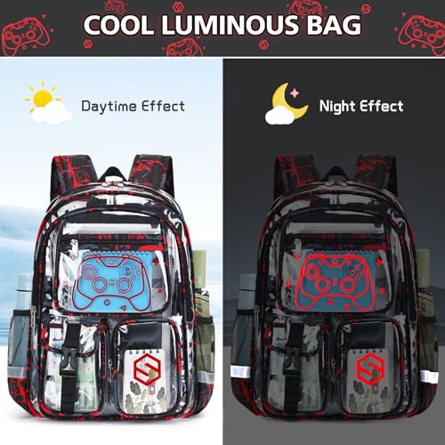 DIGOBAY 3PCS Cool Luminous Clear Backpack for Boys Kids, Gamer Clear Bookbag for School, See Through PVC Transparent Backpacks with Lunch Bag Pencil Case, Backpack Heavy Duty for School Stadium - color: Red Camo