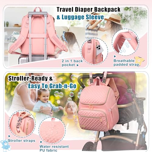 Weitars Diaper Bag Backpack Large Baby Diaper Bag with Changing Pad Travel Diaper Backpack,Baby Bag for Boys Girls,Stroller Straps,5 Insulated Pockets (Pink) - color: Pink
