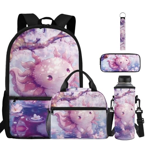 ZDCUSTOM Pink Axolotl Backpacks with Lunchbox for Girls Cute School Backpack Pink Bookbag with Pencil Case, Water Bottle Sleeves, Keychain, Back to School Supplies for Girls Age 6-8 - color: Pink Axolotl