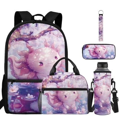 ZDCUSTOM Pink Axolotl Backpacks with Lunchbox for Girls Cute School Backpack Pink Bookbag with Pencil Case, Water Bottle Sleeves, Keychain, Back to School Supplies for Girls Age 6-8 - color: Pink Axolotl