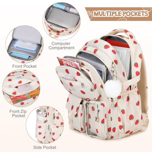 ACESAK Backpack for Girls - Girls Backpack with Lunch Bag & Pencil Pouch for Teen Kids Laptop Backpack for Women, Elementary Middle High School Bookbag Travel Daypack (Beige Strawberry) - color: Beige Strawberry
