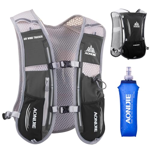 Azarxis Hydration Running Vest Backpack Pack 5L 5.5L for Women and Men Jogging Trail Race Marathon Cycling Hiking - color: #1 Black (5L) - with a Soft Flask (500ml)