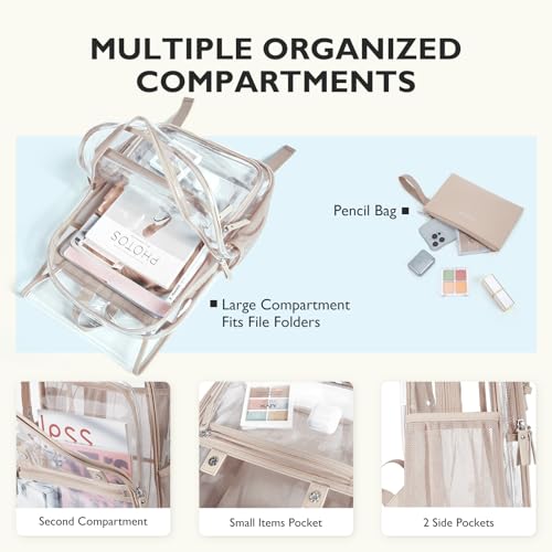 mommore Clear Backpack Heavy Duty Thick PVC Clear Bookbag for School with Pencil Bag Transparent Backpack See-Through Bag - color: Khaki, style: Clear Backpack Set