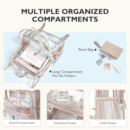 mommore Clear Backpack Heavy Duty Thick PVC Clear Bookbag for School with Pencil Bag Transparent Backpack See-Through Bag - color: Khaki, style: Clear Backpack Set