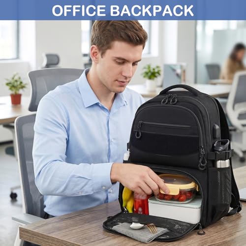 Laptop Lunch Backpack for Men - Large Capacity Tactical Insulated Backpack Cooler with USB Post and Lunch Box Compartment RFID Lunch Box Backpack for Work, Travel, Picnic, Black