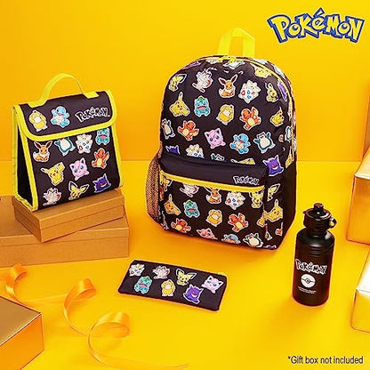 Pokemon Backpack Set 4 Pcs for Kids with Backpack Water Bottle Pencil Case Lunch Bag or Wallet Anime School Supplies Gifts (Black/Multi) - color: Black/Multi