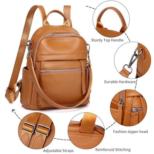 Genuine Leather Backpack Purse For Women | Real Soft Leather, Convertible, Ladies Daypack Shoulder Bag, Orange Brown - color: Orange Brown