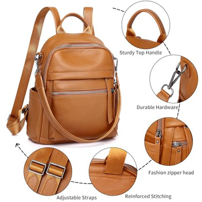 Genuine Leather Backpack Purse For Women | Real Soft Leather, Convertible, Ladies Daypack Shoulder Bag, Orange Brown - color: Orange Brown