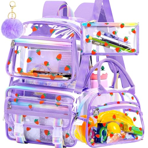 KLFVB Clear Bookbag Heavy Duty, 3PCS Girls See Through School Bag Set, Cute Transparent Backpack for Women - Strawberry Purple - color: Strawberry Purple Clear Backpack