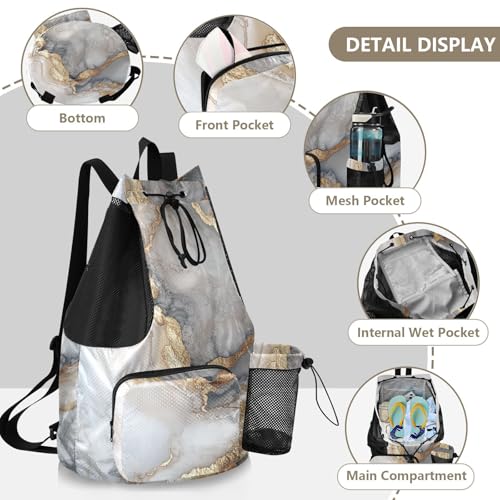 Drawstring Backpacks Camp Bag With Inside Pockets String Swim Bag Dry Wet Separation Marble White Neutral - color: Color 17