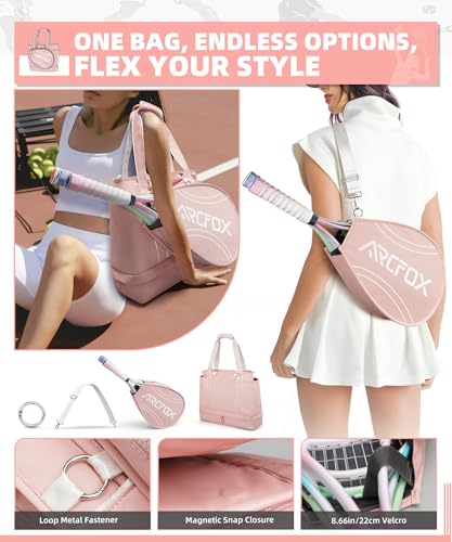 ARCFOX Tennis Tote Bag for Women, 2-in-1 Pink Tennis Bags 3 Rackets, Large Tennis Racket Bag with Shoe Compartment, Water Bottle Holder, Sports Handbag for Pickleball Padel, Badminton, Squash Racquet - style: Tennis Tote Bag