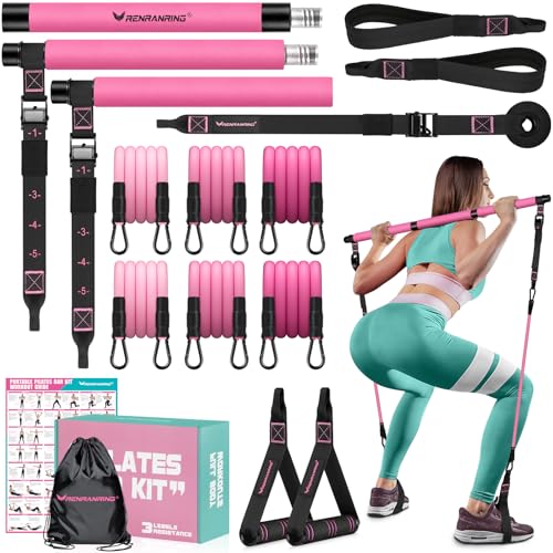 Pilates Bar Kit with Resistance Bands, Multifunctional Pilates Bar for Women & Men with Heavy-Duty Metal Adjustment Buckle, Pilates Home Equipment for Full BodyWorkouts - color: Pink