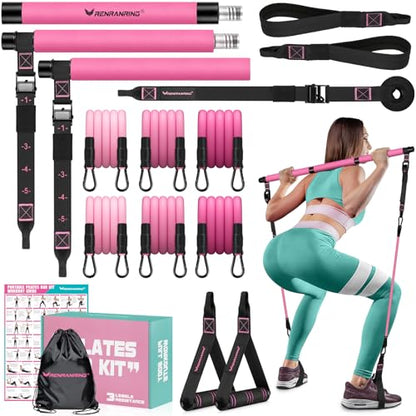 Pilates Bar Kit with Resistance Bands, Multifunctional Pilates Bar for Women & Men with Heavy-Duty Metal Adjustment Buckle, Pilates Home Equipment for Full BodyWorkouts - color: Pink