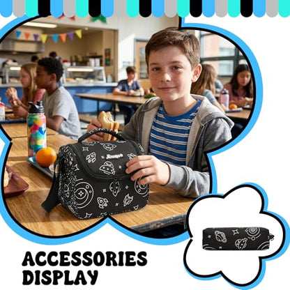 Boys Backpack for Kids 8-12 Years Old Boys Backpack for School Lightweight Kids School Bookbag with Lunch Box Set Back to School Supplies for Elementary Toddler Student - color: Black Planet