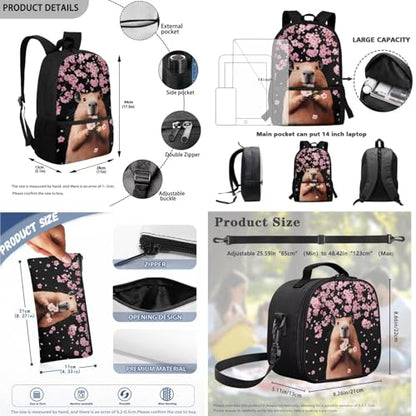 3Pcs Kid Backpack Set Backpack with Lunch Bag Pencil Case 3 Pack Set Elementary School Bag Bookbag 17 Inch Daypack Capybara Cherry Blossom Print - color: Fish