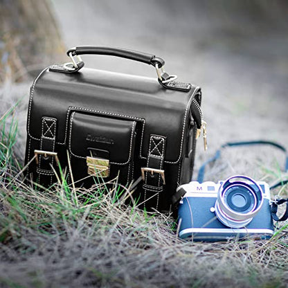 Cwatcun 3-in-1 Retro Camera Bag, PU Leather Camera Crossbody/Backpack/Case - color: Black, size: Small