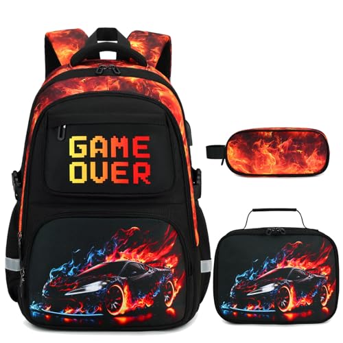 Scothen 3PCS Boys Backpack Set, Cool Backpack for Boys with Lunch Bag & Pencil Case, Kids School Bag Teen Boy Bookbag for Kindergarten Elementary Middle School with USB Charging Port - color: Red Flame Race Car
