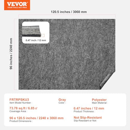 VEVOR 8' x 10' Rug Pad Gripper Without Slip-Resistance - 1/2" Thick Polyester Felt Padding Cushion for Area Carpet Runner Hardwood Floors Living Room - Grey - size: 8' x 10'1" (Rectangular)