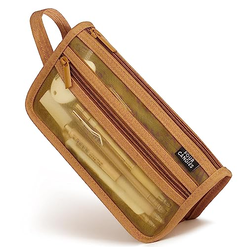 Four Candies Grid Mesh Pencil Case with Handle and Zipper, Clear Double-layer Pencil Pouch Marker Pouch, Travel Makeup Bag, Cute Transparent Stationary Organizer Pen Bag for Adult Office College - color: Brown