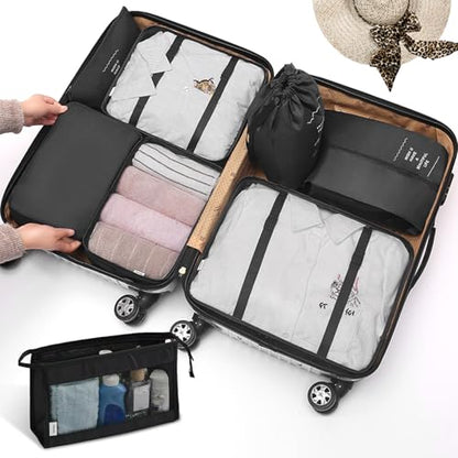 8 Set Packing Cubes for Suitcases, INVODA Travel Luggage Packing Organizers with Laundry Bag, Compression Storage Shoe Bag, Clothing Underwear Bag (Black) - color: Black