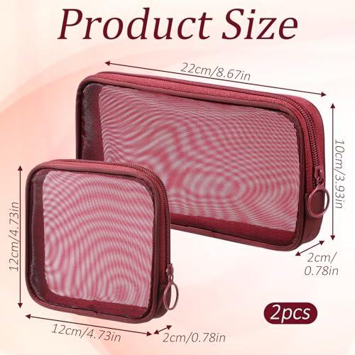 2 Pcs Purse Organizer Pouches Red Mesh Makeup Bag Mesh Cosmetic Bag Burgundy Makeup Bags Portable Travel Organizing Zipper Pouch Toiletries Make Up Pouches for Home Office Travel Accessories