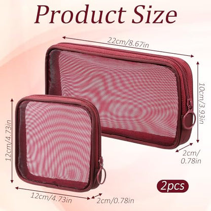 2 Pcs Purse Organizer Pouches Red Mesh Makeup Bag Mesh Cosmetic Bag Burgundy Makeup Bags Portable Travel Organizing Zipper Pouch Toiletries Make Up Pouches for Home Office Travel Accessories