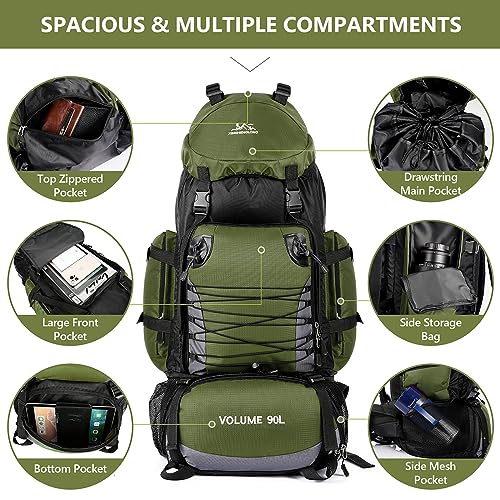 90L Hiking Backpack, Waterproof Camping Bag with Rain Cover, Lightweight Backpacking Back Pack - color: Army Green