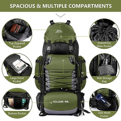 90L Hiking Backpack, Waterproof Camping Bag with Rain Cover, Lightweight Backpacking Back Pack - color: Army Green