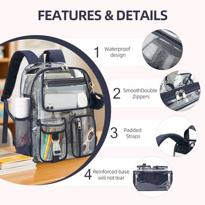 Clear Backpacks for Girls Boys, Heavy Duty PVC Transparent School Bookbag See Through Back Pack for College Work Travel (Navy Blue) - color: Navy Blue