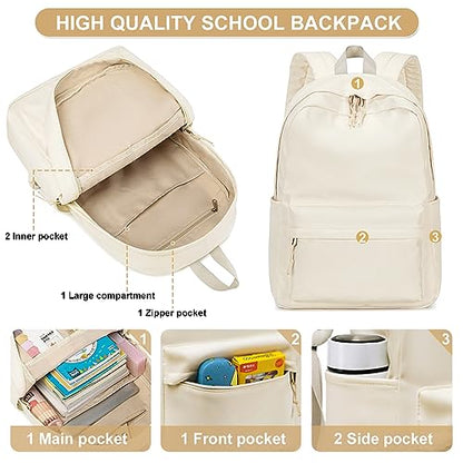 Bluboon Backpack for School Teen Girls Bookbags with Lunch Bag & Pencil Case Aesthetic Water Resistant School Bags for Kids - color: Beige